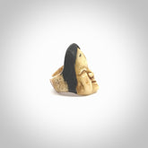 Hand carved Otafuku face ring. Made from Red Deer antler in New Zealand. Unique Otafuku ring hand made from deer antler by master bone carver Fumio Noguchi. Spectacular collectable work of art, made to wear. One only ring, delivered to you at no extra cost with express courier.